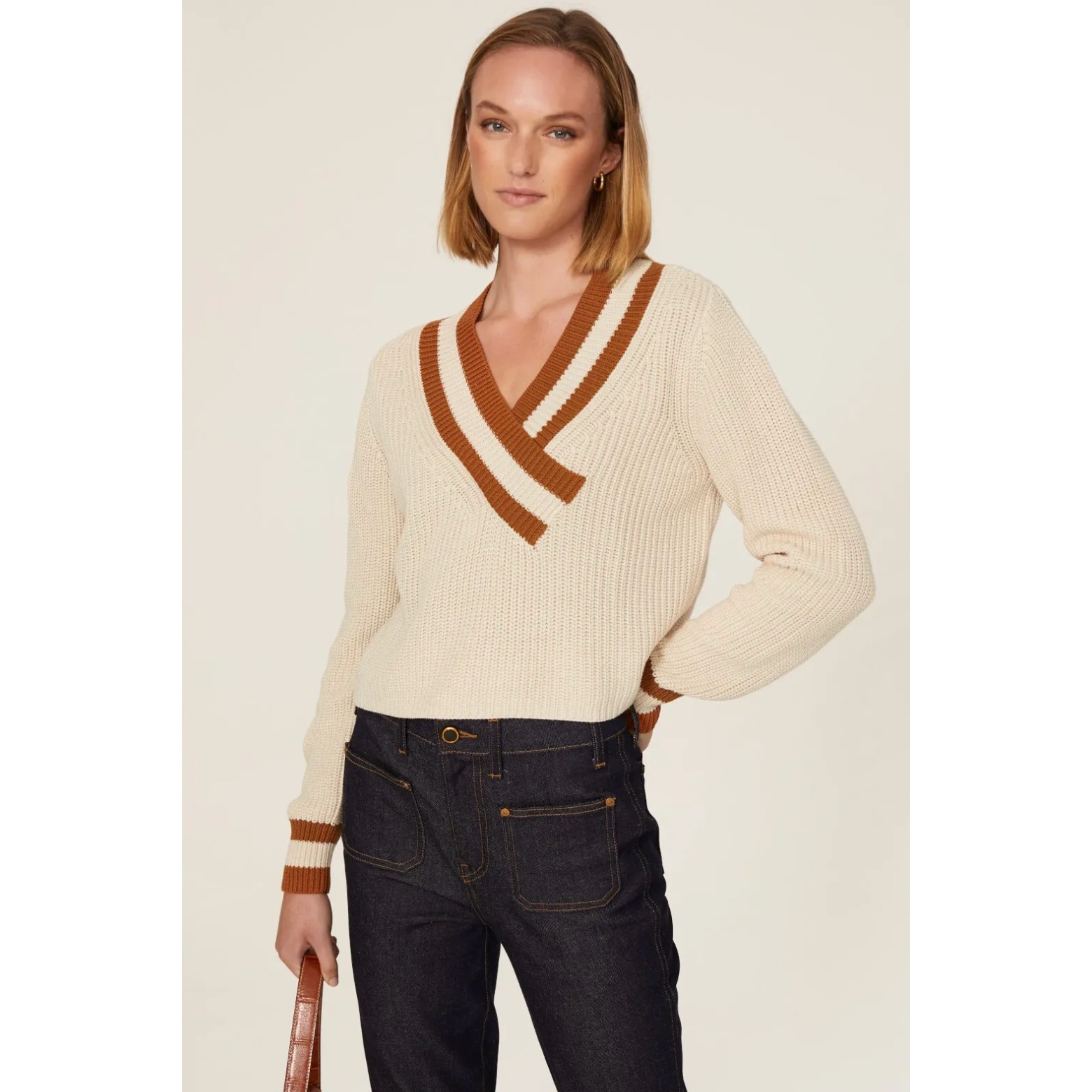 B6 525 America Varsity V-Neck Sweater Xl Beige Striped Crop Boxy Ivy League